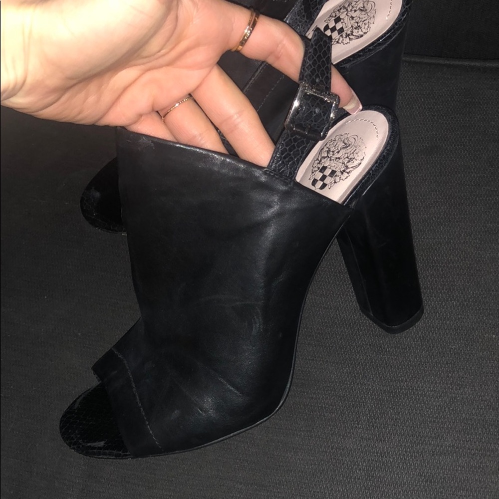 Vince Camuto black leather peep toe block heels